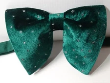 Oversized Green Velvet Silver Polka Dot Bow tie Vintage style 70`s Wedding Prom