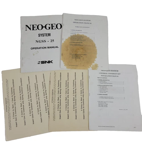 Lot of 5 VTG SNK NeoGeo MVS NGSS-2 Operation Manuals & Coin Stickers