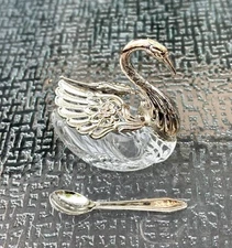 Vintage Italian Swan Salt Cellar Spoon Silver Tone Crystal Hinged Wings Decor