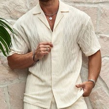 Men's Summer 2-Piece Set Solid Color Button Shirt  Shorts Casual Beach Outfit