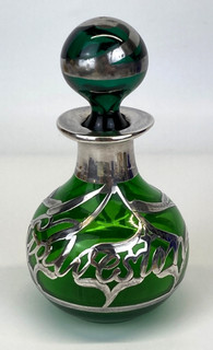 Vintage Sterling Clad Emerald Green Glass Perfume Bottle Galveston Souvenir