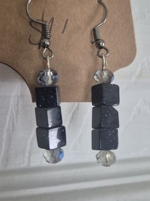 handcrafted blue sandstone gemstoneDangle Earrings Black Clear Hook for Women