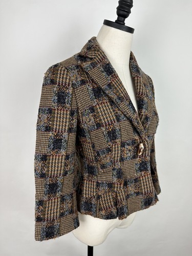 Blazer de tweed vintage Y2K talla 2/XS marrón chocolate a cuadros mezcla de lana - Imagen 7 de 10