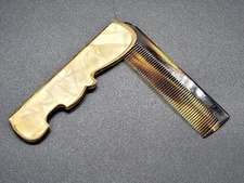 ATQ Vtg Fancy Double-Sided Mother of Pearl in Brass Folding Pocket Comb German