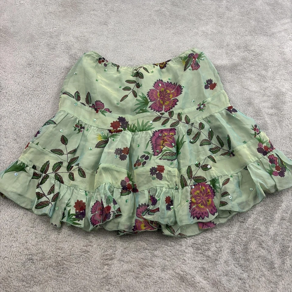 Minifalda de lentejuelas Anna Sui mezcla de seda de colección para mujer 4 verdes florales volantes Fairycore Foto 2 de 4