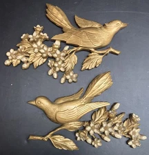 Vintage Pair 1967 Syroco Birds on Dogwood Branch Wall Hanging Plaques Gold Decor