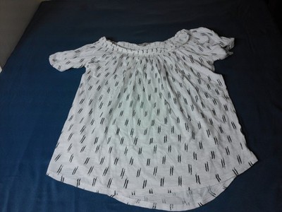 LOFT Womens XXS Petites Off Shoulder Top Blouse White Patterned Short Sleeve