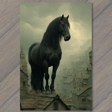 POSTCARD Giant Black Horse Rooftop Fog Gothic Buildings Fantasy Moody Surreal To