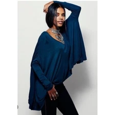 Free People Hannah Blue Teal V-Neck Dolman Sleeve Asymmetrical Hem Shirt Sz S
