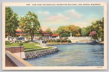 Lake Geneva WI Municipal Recreation Building Vintage Linen Postcard 1940s-50s