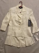 Kasper Sz 10P Vanilla Spring Summer Flounce skirt suit Acrylic Linen Look