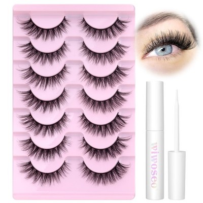Wispy Lashes Natural Look False Eyelashes with Lash Glue Cat Eye 16MM, Black 