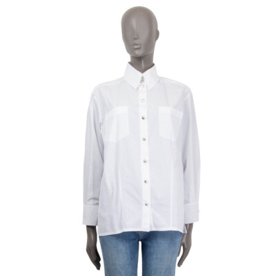 64940 auth CHANEL white cotton POPLIN PATCH POCKET Button Up Shirt