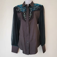 Vintage Western Horse Show Button Up Shirt Embroidered Yoke Sheer Sleeves M Rode