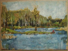 Ukrainian Soviet Oil Painting impressionism landscape spring flooding forest
