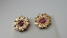 14K Yellow Gold Ruby Earrings Flower Design Stud Screw Back