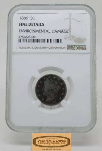 1886 Liberty Head 5 Cents, NGC Fine Details Environmental Damage - #B17635