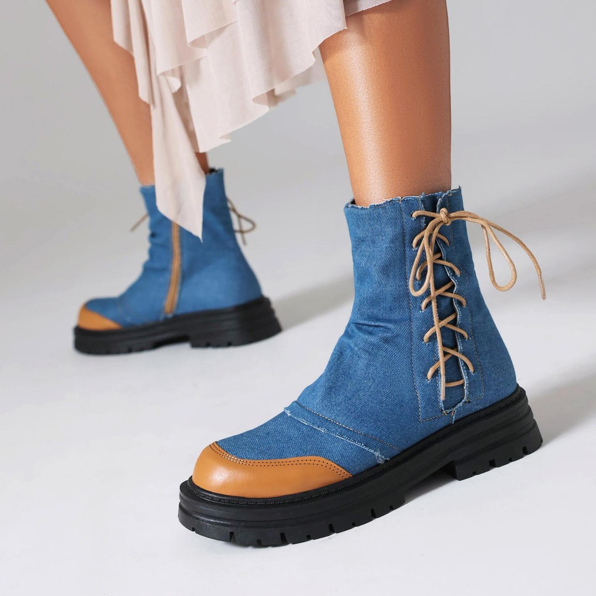 Ankle Boots Low Heel Round Toe Laces Side Zip Match color Womens