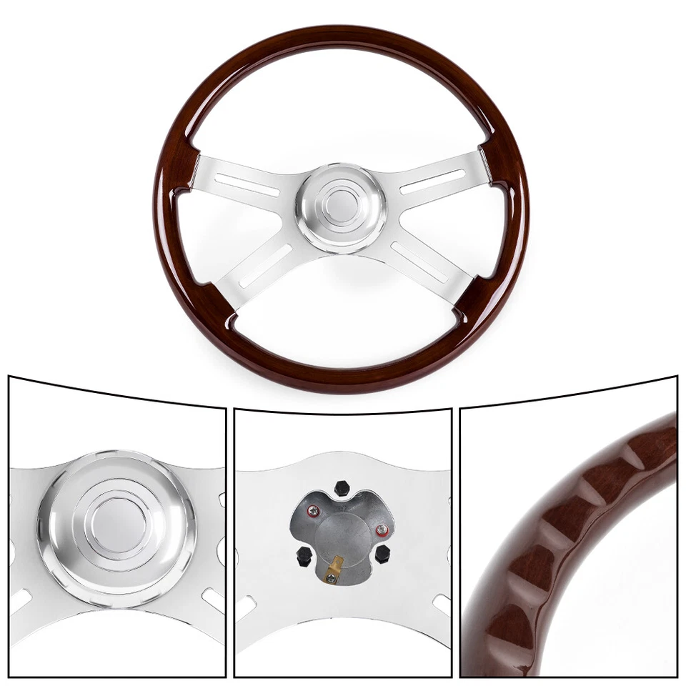 18inch Wood Steering Wheel Chrome 4 Spoke Freightliner Kenworth Peterbilt Volvo Foto 3 de 4