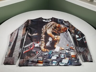 CAT Sweatshirt Womens Small Black AOP Kitty Playing in City Novelty Pullover