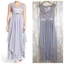 NWT Eliza J 8 Embellished Lace Chiffon Draped V Neck Full Length Dress Gown
