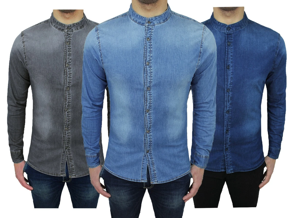 Camicia di Jeans uomo Denim Slim Fit con colletto alla Coreana eBay