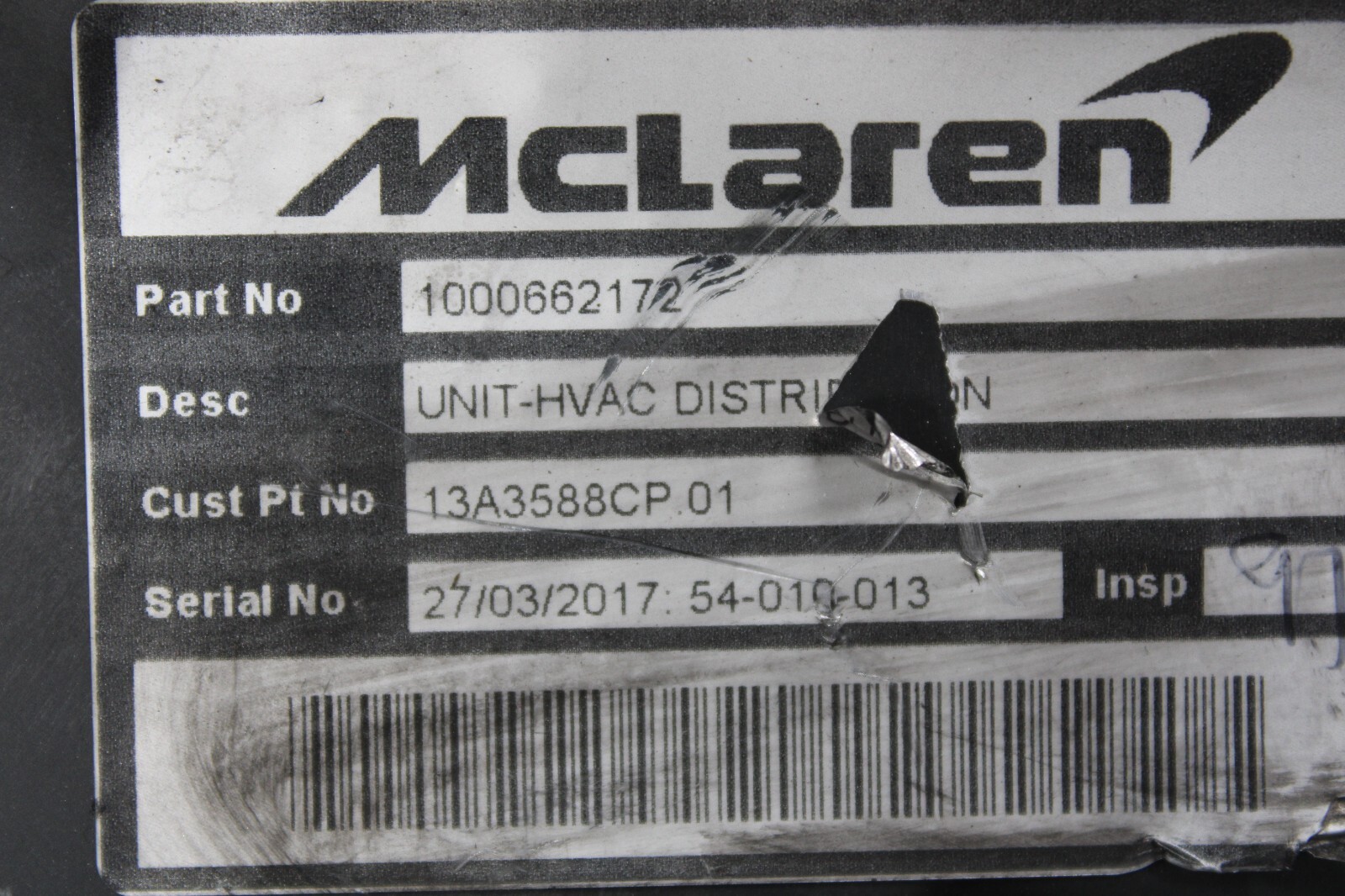 Mclaren 720s, A/C Evaporator, Rear Section, Dmg, Used, P/N 13A3588CP