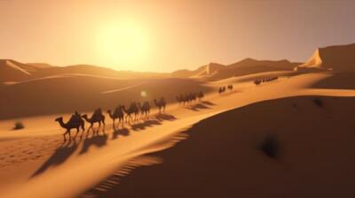 Wandbild: Kamelkarawane in der Sahara bei Sonnenuntergang, 3D-Rendering [...]