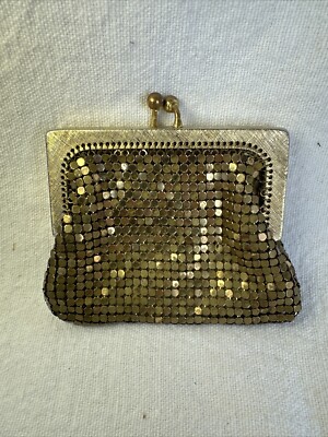 Whiting Davis Lined Coin Purse #2961 w Kiss Lock~Gold Tone Metal  Mesh~Signed