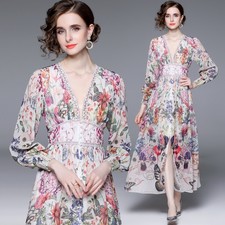 Vacation V-neck Printed Floral A-line Long Sleeve Womens Long Beach Party Dress