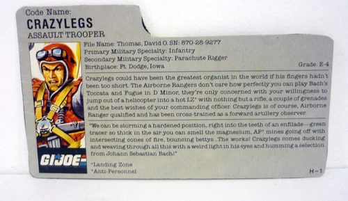 GI JOE Crazylegs File Card Vintage Action Figure Accessory Part 1987