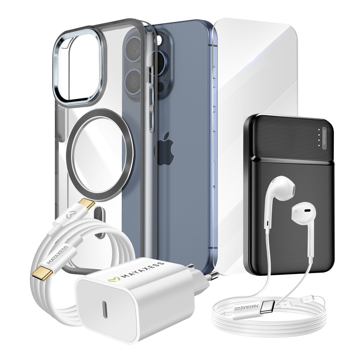Pack Voyage iPhone 15 Pro avec Batterie Externe et Coque de Protection pour les Déplacements