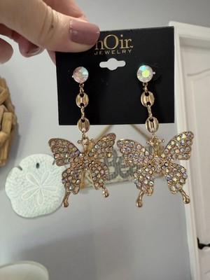 New Noir Jewelry Earrings Dangling Butterfly Iridescent Rhinestones Gold Tone