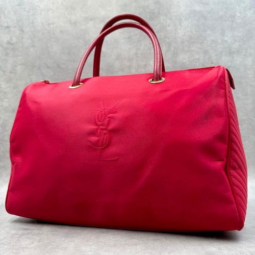 Yves Saint Laurent YSL Embossed Logo Boston Bag Handbag Tote Red