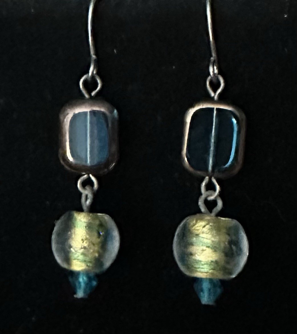 Turquoise Blue & Blue & Yellow Swirl Beaded Glass Hook Dangle Earrings ...