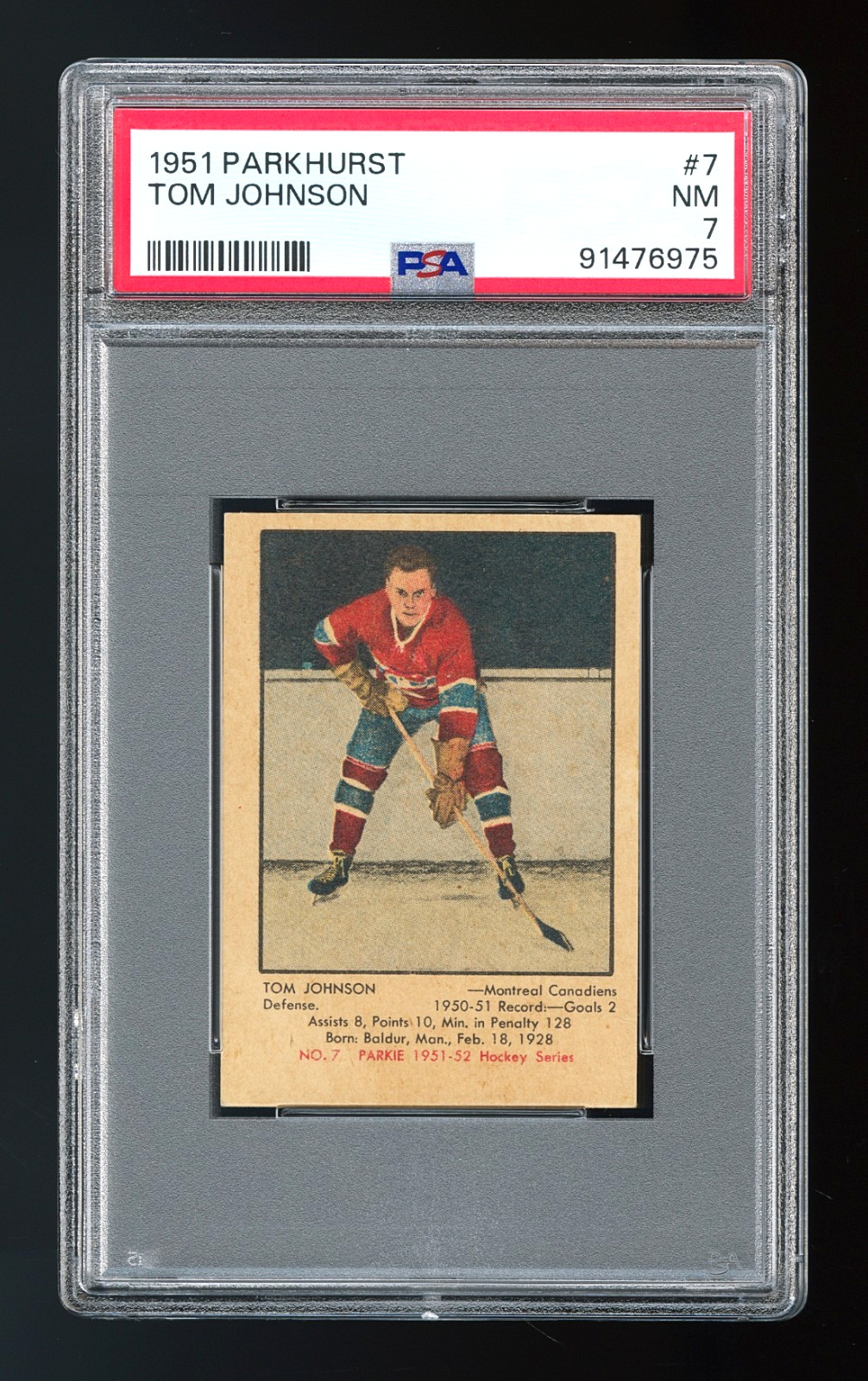 1951 Parkhurst #7 Tom Johnson (Montreal Canadiens) HOF Rookie Card - PSA 7