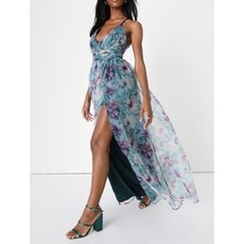 NWT Lulus Romance That Wows Dark Teal Floral Print Organza Maxi Dress XL