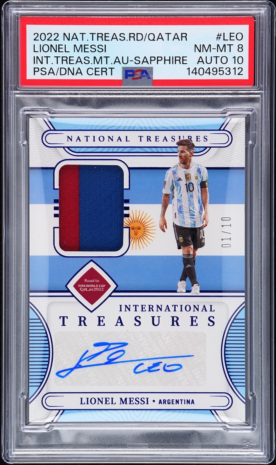 2022 NAT TREASURE WORLD CUP QATAR PATCH SAPPHIRE LIONEL MESSI 1/10 PSA 8 AUTO 10