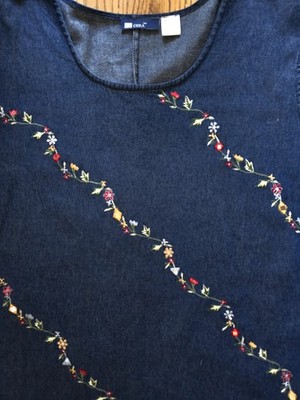 Womens 3X Dark Blue 100% Cotton Denim Shift Dress Floral Embroidery Cool Comfort