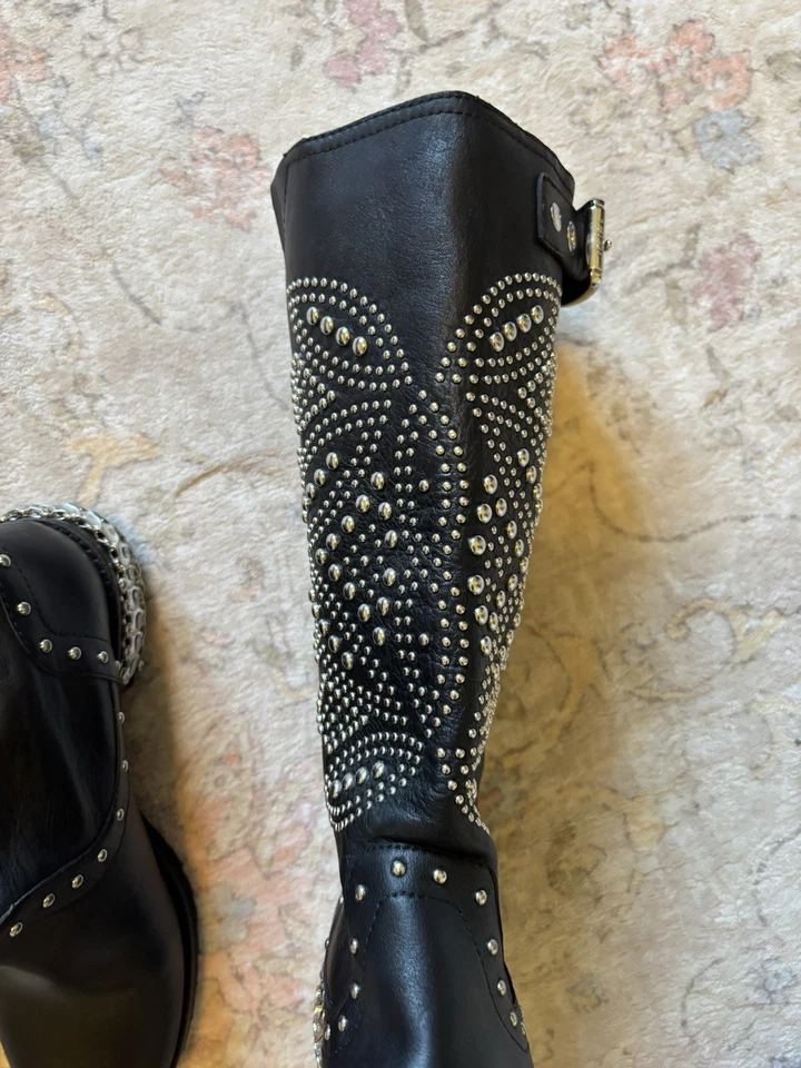 Botas de Moto Mac Usadas en Excelente Condición de Cuero Negro Tachonado DONALD J PLINER Talla 8.5 M Foto 2 de 4