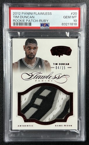 POP 1 TIM DUNCAN PSA 10 2012 PANINI FLAWLESS #20 GAME-WORN GU PATCH RUBY 4/15