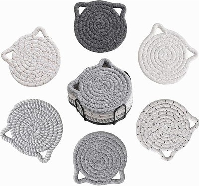 Cat Coasters Set of 6 with Holder - Woven Absorbent Drink Dark-grey 