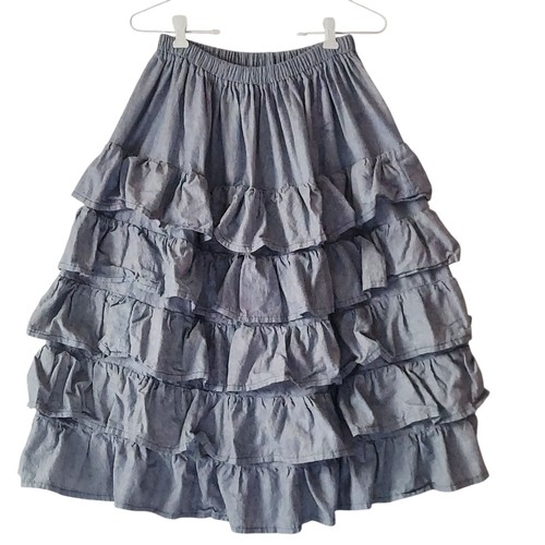 Vintage Western Ruffle Square Dance Skirt Tiered Blue Denim Look Rodeo Cowgirl