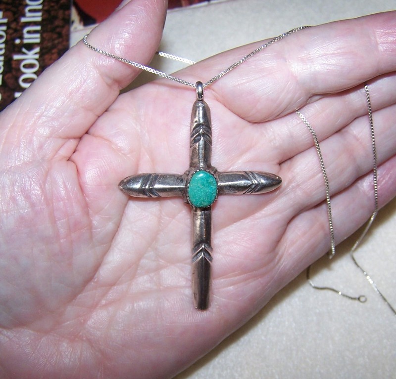 NAVAJO Native American Sterling or Coin Silver Turquoise Sandcast Cross Pendant