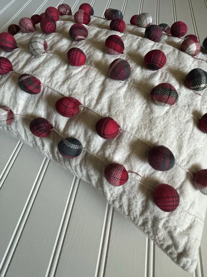Pottery Barn Christmas Plaid Pom Pom Lumbar Pillow With Feather Insert 12x16 - Image 3 of 4