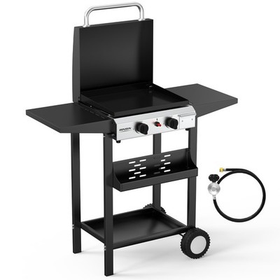 ROVSUN 2 Burner Propane Griddle with Lid, Ignition, Storage Shelf, Wheel