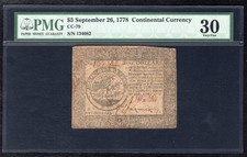 CC-79 SEPTEMBER 26, 1778 $5 FIVE DOLLARS CONTINENTAL CURRENCY NOTE PMG VF-30