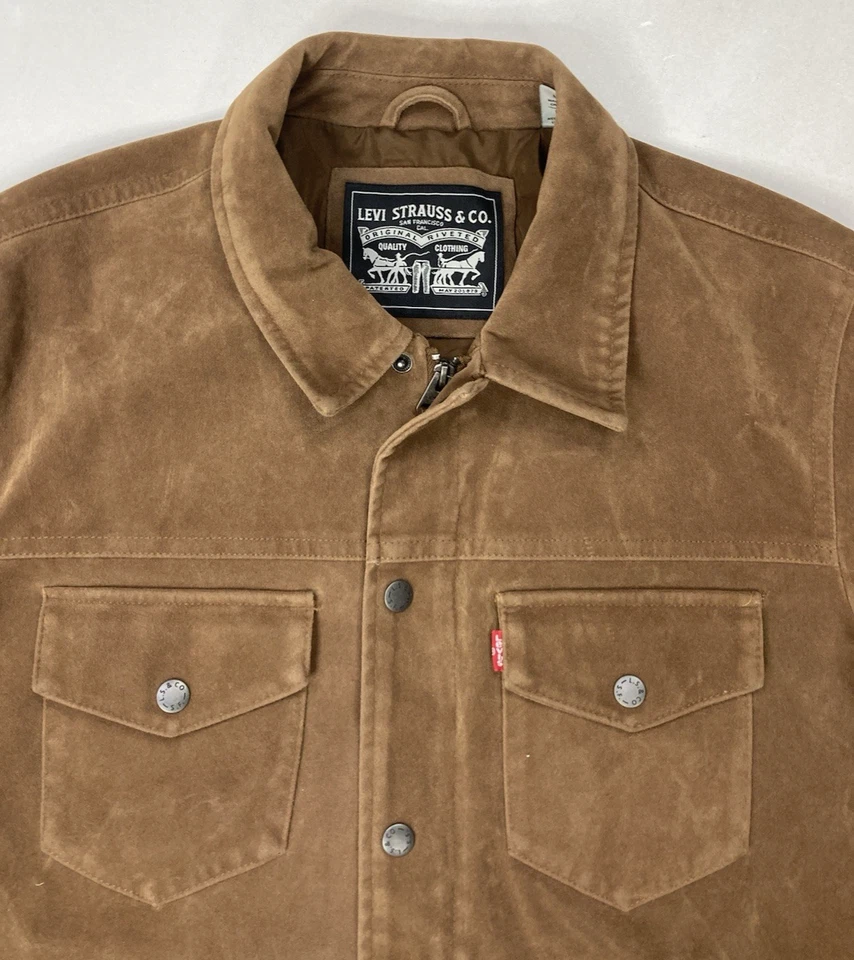 Levi's Faux Suede Western Shacket Shirt Jacket Men Medium Brown Pockets - Image 2 of 4