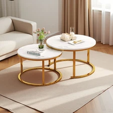 Coffee Table Nesting White Set of 2 Side Tables Golden Frame Circular Round Marb