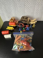 Vintage Large Lot Of Plastic Cowboys Native Play Kids Toy Covered Wagons Horses